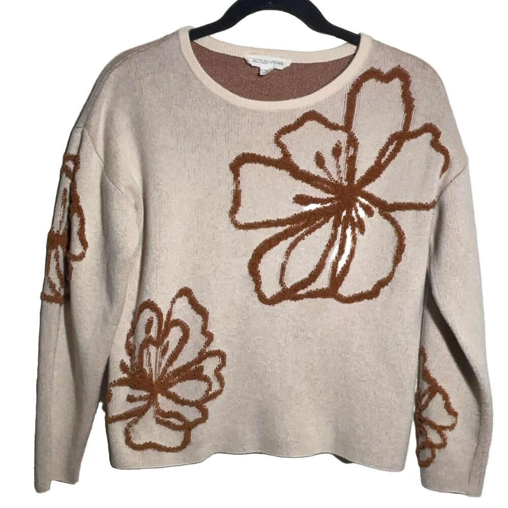 Cactus + Pearl Floral Sweater S Beige Brown Long Sleeve Womens